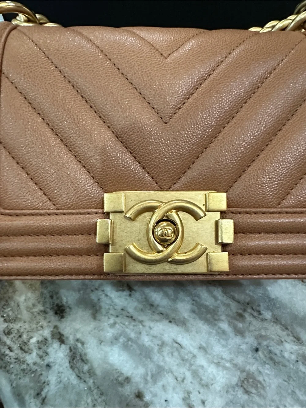 CHANEL Chevron Quilted Boy Flap Bag with Gold Hardware small Tan